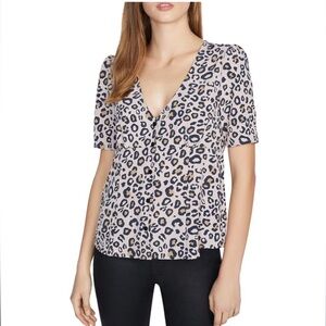 Sanctuary Leopard Print Blouse Short Sleeve Shirt Top Flowy Loose Tan Large